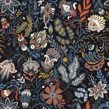 Huysuz halk botanik çiçekleri gece yarısı mavi pas ve krem içinde Duvar kağıdı, döşeme, döşeme, hediye paketi ve tekstil için.