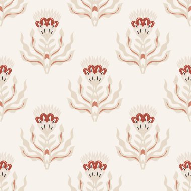 Sıcak terakotta ve duvar kâğıdı, yatak, döşeme, çocuk odası dekorasyonu ve tekstil için krem tonlarında asgari halk çiçekleri..