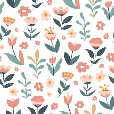 El çizimi çiçekler ve yapraklar kızarık adaçayı ve şeftali rengi duvar kağıdı kumaşı döşemeler ve neşeli iç döşemeler için..