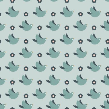 Duvar kâğıdı döşemeleri ve modern bebek odaları için arkaplan üzerinde basit uçan kuş simgeleri.