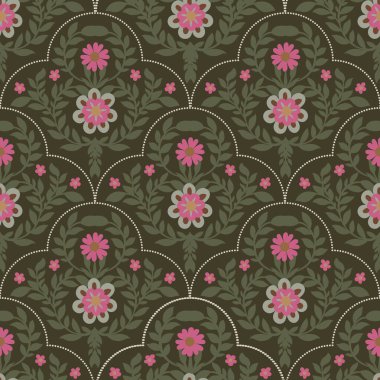 Çiftlik evi duvar kâğıdı, mutfak tekstili, yatak ve hediye paketi için zeytin üzerine simetrik pembe çiçekler..