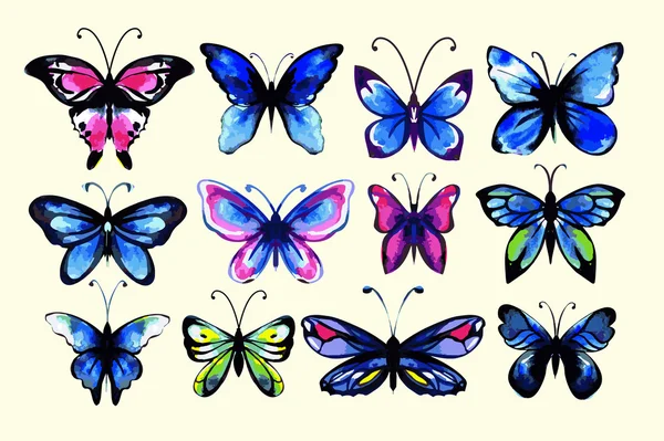 Aquarell-Schmetterlinge gesetzt — Stockvektor