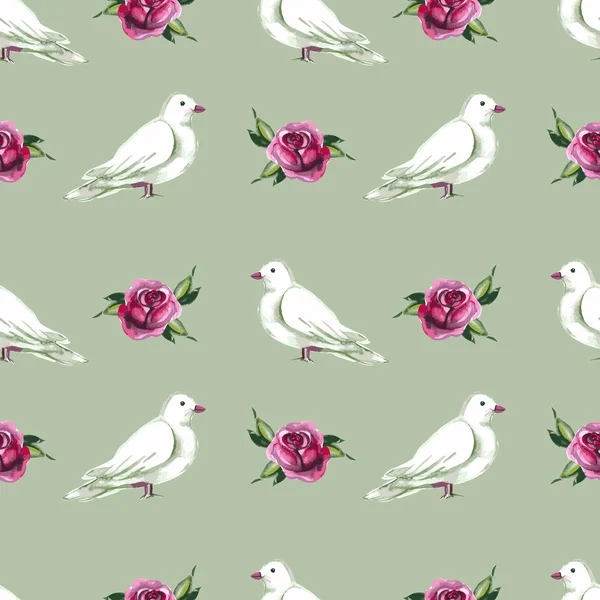 Watercolor seamless pattern with white doves — Stock Vector