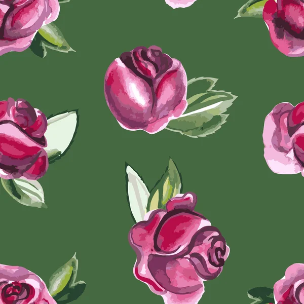 Patrón sin costura de acuarela con rosas y hojas — Archivo Imágenes Vectoriales