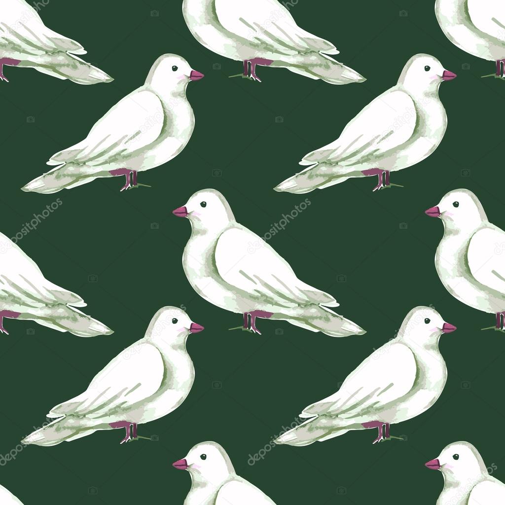 Watercolor Seamless pattern with white doves