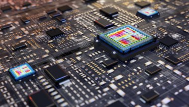 Gelecekçi Elektronik Devre Kurulu. Teknoloji Konsepti. 3B illüstrasyon