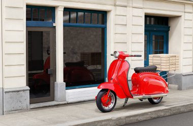 Pizzalı kırmızı Vespa Scooter. Yemek Teslimatı Konsepti. 3B illüstrasyon