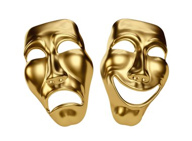 Altın Drama ve Komedi Maskeleri Beyaz Arkaplanda izole edildi. Kesme yolu. 3B illüstrasyon