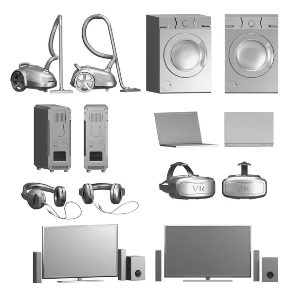 Conjunto Electrodomésticos Electrónica Aislada Sobre Fondo Blanco Ilustración —  Fotos de Stock