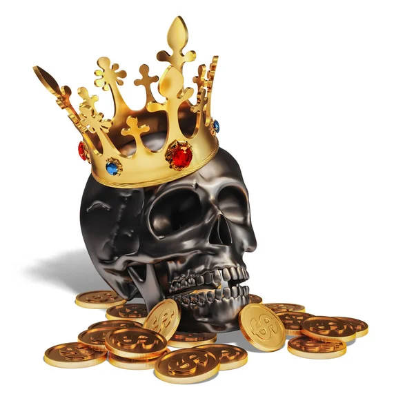 Human Skull Golden Crown Gold Coins White Background Illustration — Stock Photo, Image