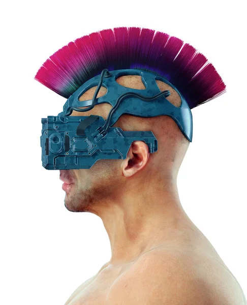 Man Mohawk Hair Style Wearing Cyberpunk Glasses Isolated White Background — Stock Photo, Image