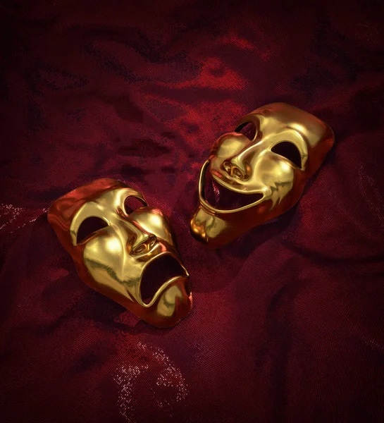 Golden Drama Comedy Masks Red Fabric Inglês Ilustração — Fotografia de Stock