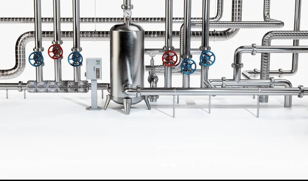 带有锅炉和阀门的工业管道 工业概念 3D插图 — 图库照片