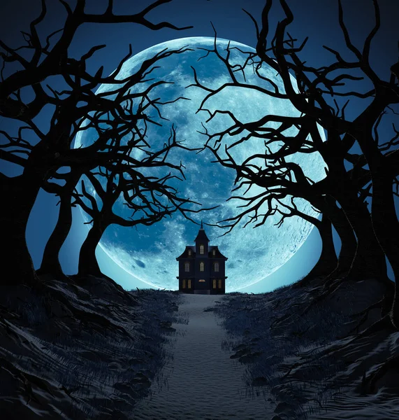 Lonely House Dark Trees Big Blue Moon Halloween Concept Illustration — Stock Photo, Image