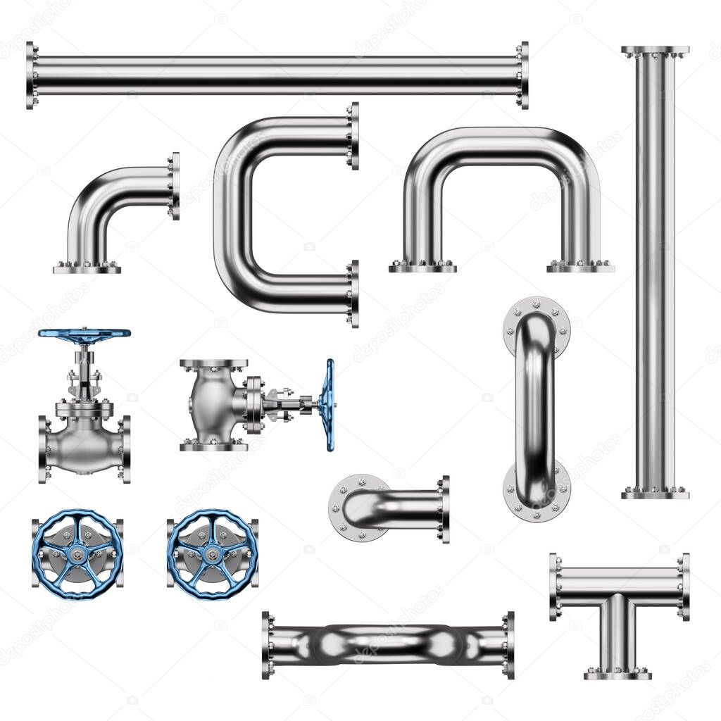 Industrial Pipes and Valves isolated on White Background. 3D illustration