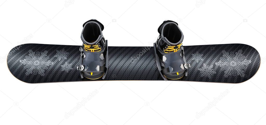 Snowboard with Boots isolated on White Background. Top View. Clipping path. 3D illustration