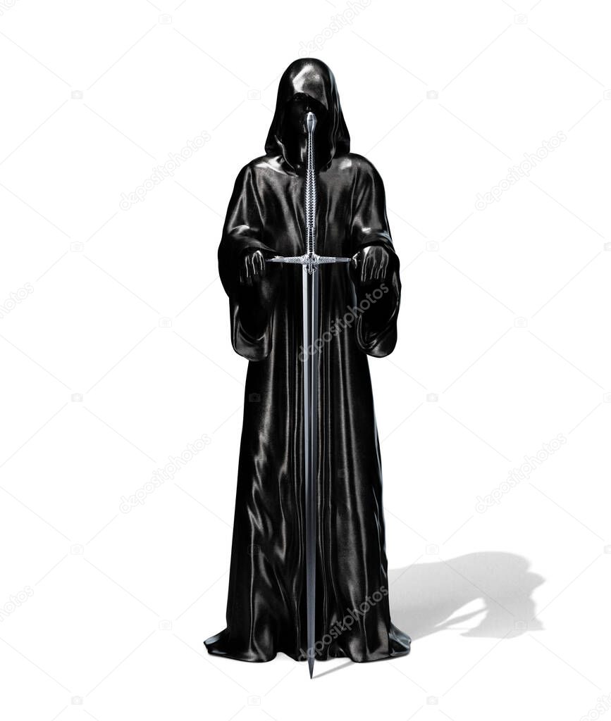 Black Cloaked Figure Holding Long Medieval Sword isolated on White Background. 3D illustration