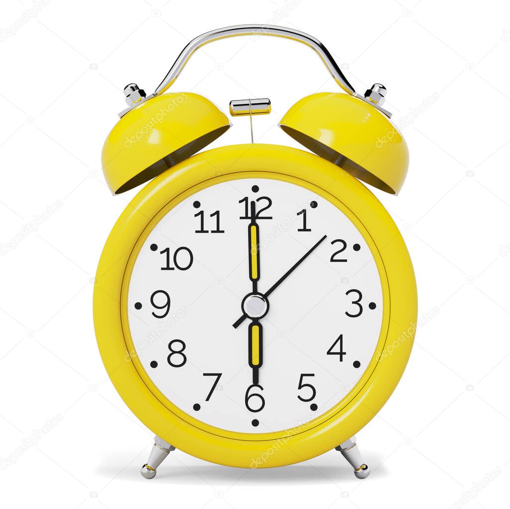 Yellow Vintage Alarm Clock isolated on White Background. Front View. 3D illustration