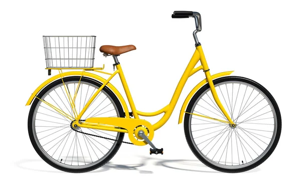 Yellow Vintage Style Bike Isolated White Background Side View Stock Photo