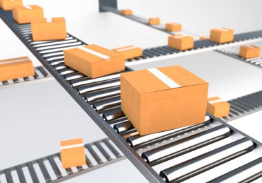 Kutular taşıma bandında. Endüstriyel Kavram. 3B illüstrasyon