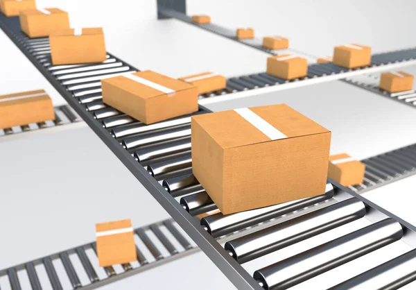 输送带上的箱子工业概念 3D插图 — 图库照片