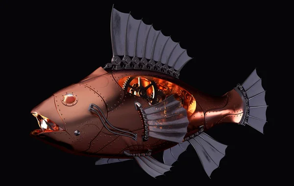 Steampunk Fish Чёрном Фоне Иллюстрация — стоковое фото