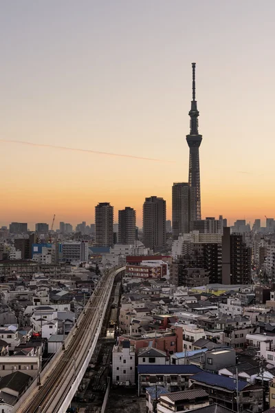 在黄昏，浅草区的视图和隅田川的东京天际线。远处可见的 Skytree. — 图库照片