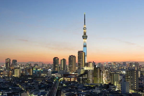 Tokyo Skyline al crepuscolo, vista sul quartiere Asakusa e sul fiume Sumida. Skytree visibile da lontano . — Foto Stock