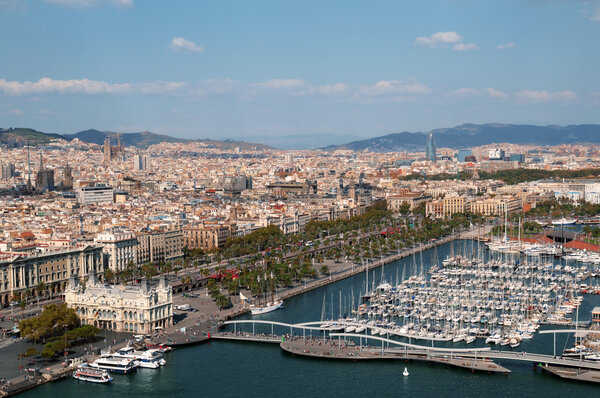 Panoramic view of Port Vell in Barcelona. 