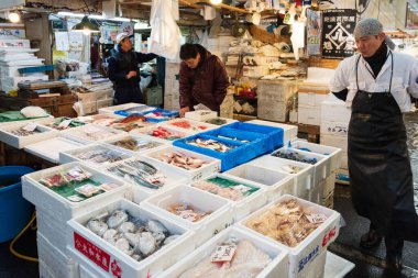 Tokyo, Japonya - 22 Ocak 2016: Tokyo 'daki Tsukiji Balık Pazarı' nda balık satıcıları