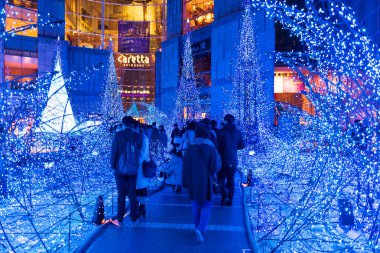Tokyo, Japonya - 09 Aralık 2015: Ziyaretçiler Tokyo, Japonya 'daki Caretta alışveriş merkezindeki Noel ışıklarına tapıyorlar. 