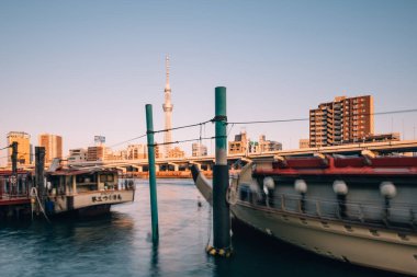 Tokyo, Japonya - 12 Aralık 2015: Tokyo Skytree ve Sumida Nehri, Tokyo, Japonya. 634 metredeki Tokyo Skytree, dünyanın en uzun ömürlü yayın kulesidir.. 