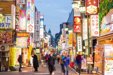 Tokyo, Japonya - 5 Ocak 2016: Tokyo, Japonya 'nın Shinjuku ilçesindeki Kabukicho' da yürüyen bir kalabalık. Bölge bir eğlence ve genelev bölgesi..