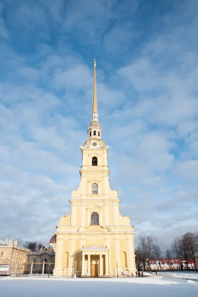 Peter en Paul Cathedral op de achtergrond van de blauwe hemel. Winter, — Stockfoto