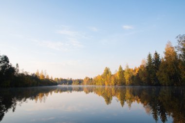 Sunrise Nehri üzerinde. sonbahar orman, Kuzey Rusya