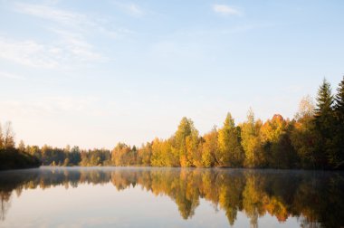 Sunrise Nehri üzerinde. sonbahar orman, Kuzey Rusya