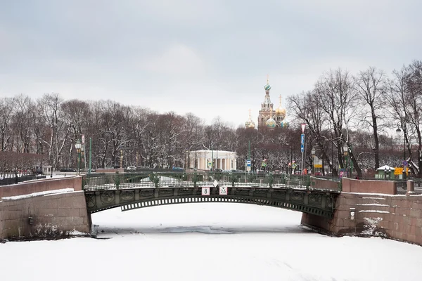 Fontanka vallen på vintern. Kupoler av domkyrkan av Sav — Stockfoto