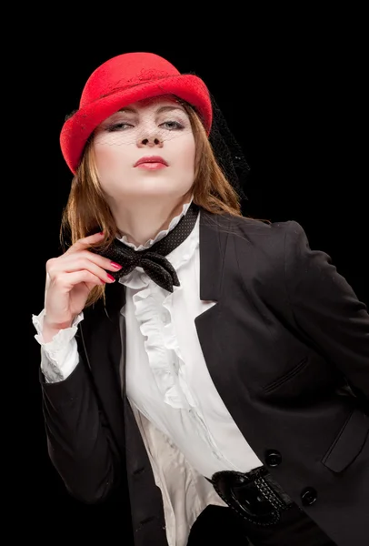 Beautiful woman in red hat. — Stock Photo, Image