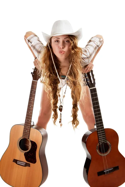 Sesy cowgirl in cowboy hat with acoustic guitar — Stock Photo, Image