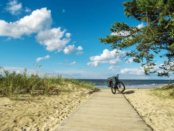 バルト海海岸沿いの木道上自転車に立っています。 — ストック写真