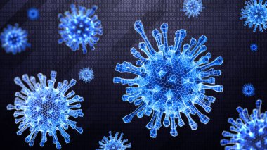 Virüs, tarama sırasında ikili siber uzayda karanlık yüksek teknolojili arka planda tespit edilir. Görüntü.