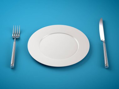 Mavi arka planda boş tabak, çatal ve bıçak var. 3B Görüntü.