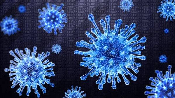 3Dメッシュとしてのウイルスは スキャン中にバイナリサイバー空間の暗いハイテク背景で検出されます イラスト — ストック写真