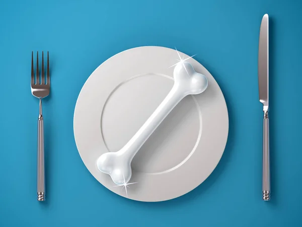 Shining bone on a plate isolated on blue background is prepared for to be eaten. 3D Illustration.