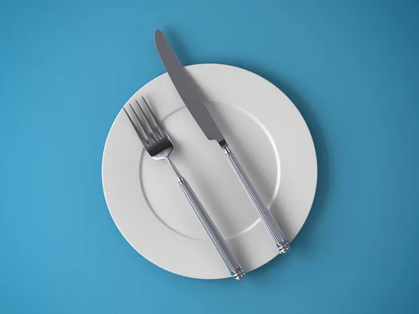 空盘子 叉子和刀隔离在蓝色背景上 3D说明 — 图库照片