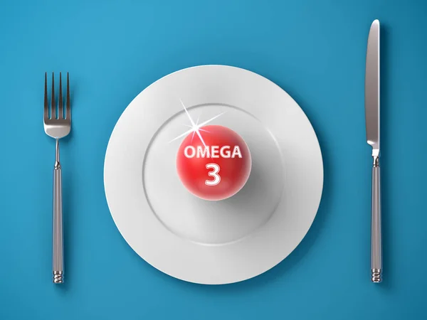Omega Plate Isolated Blue Background Prepared Eaten Symbol Healthy Diet — Stock Photo, Image