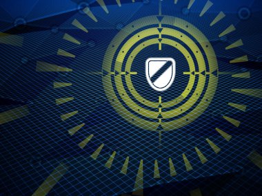 Görüş, siber uzay araştırması sırasında yüksek teknolojili karanlık arka planda bulunan kalkan simgesini hedefliyor. Görüntü.