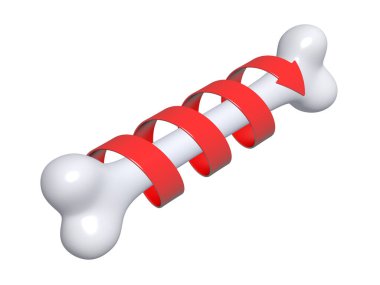 Beyaz arka planda izole edilmiş kırmızı spiral okla insan kemiğinin iyileşmesi. 3B illüstrasyon.