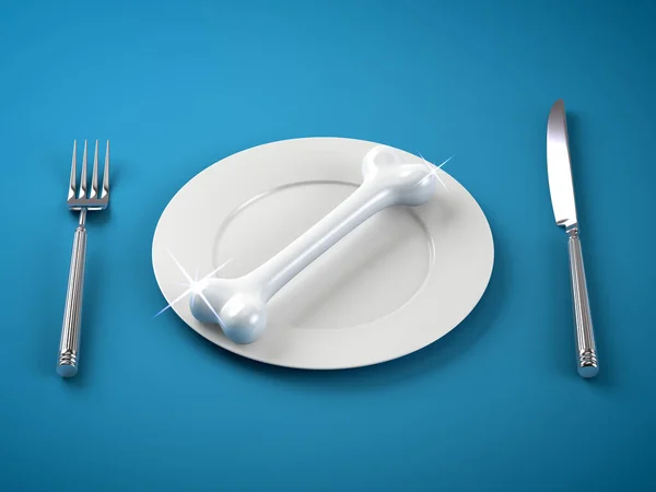 Shining Bone Plate Isolated Blue Background Prepared Eaten Illustration — Stock Photo, Image