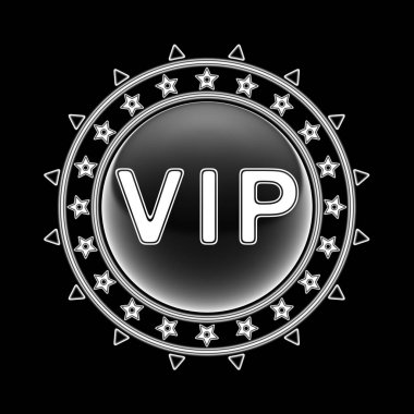 Yuvarlak dekoratif çerçevedeki VIP kelimesi siyah arka planda izole edilmiş. Görüntü.